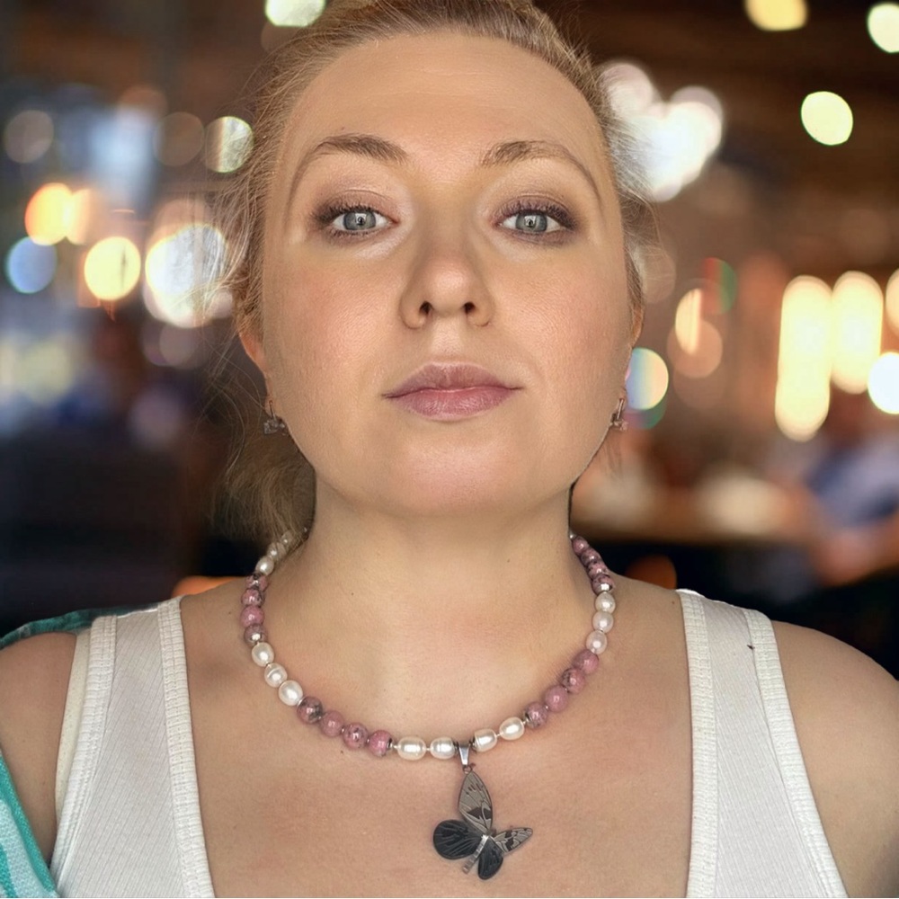 C103 New Handmade Gem Chocker Butterfly Pendant Rhodochrosite and Natural Pearls